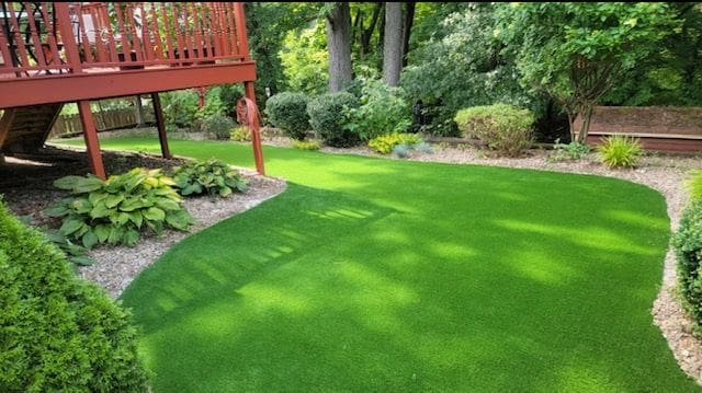 A backyard with grass and trees in the background.